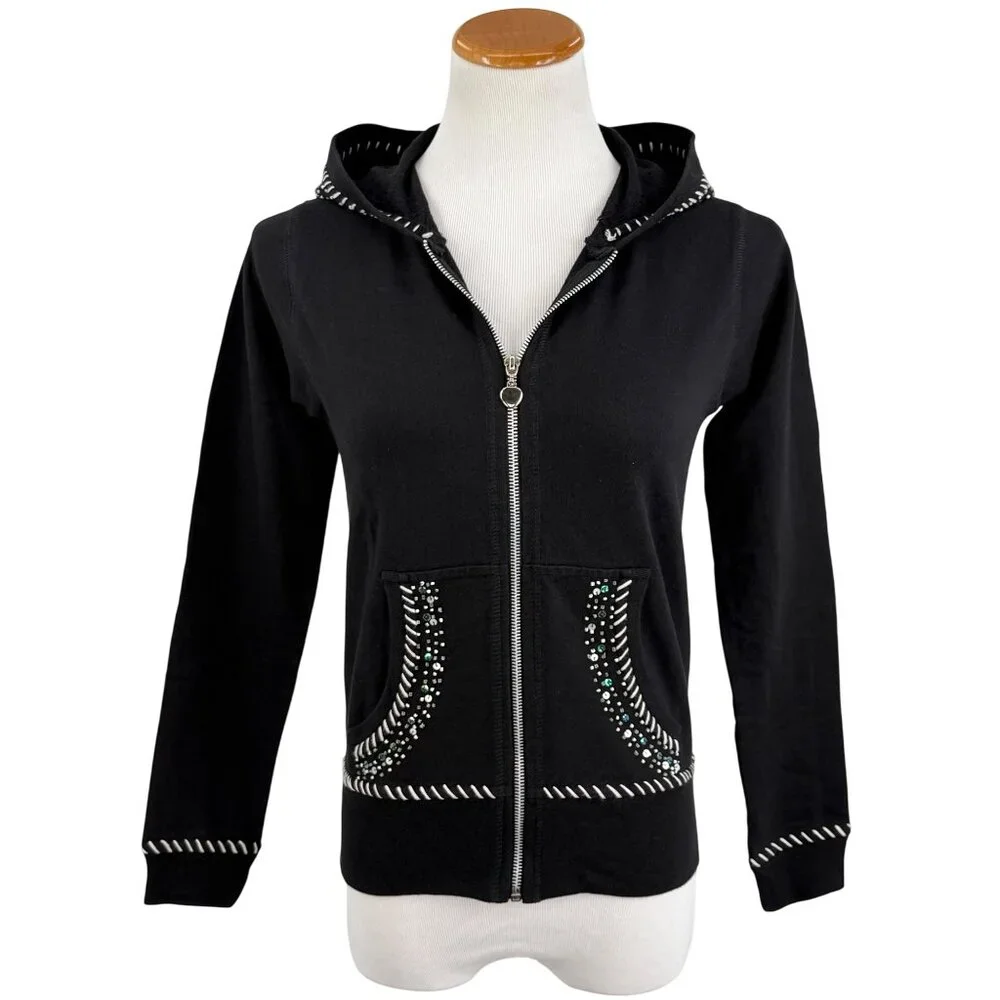 Vtg 90s Black Embroidered Sequin Beaded Zip Up Hoodie | Y2K Skater Grunge Retro - Picture 15 of 16